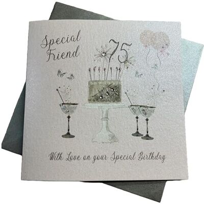 WHITE COTTON CARDS Grattis på 75:e födelsedagskort specialvän champagneglas rosa rosor av vita bomullskort SS42-SF75 WHITE COTTON CARDS Grattis på 75:e födelsedagskort specialvän champagneglas rosa rosor av vita bomullskort SS42-SF75