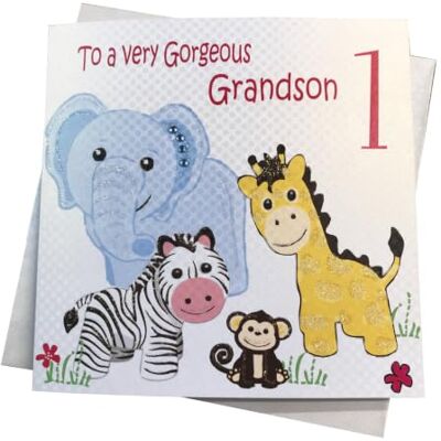 White Cotton Cards Vita bomullskort till en mycket underbar barnbarn 1, safaridjur handgjorda 1:a födelsedagskort, GL248 White Cotton Cards Vita bomullskort till en mycket underbar barnbarn 1, safaridjur handgjorda 1:a födelsedagskort, GL248