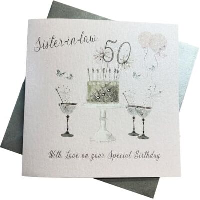 White Cotton Cards Grattis på 50:e födelsedagen kort svärdotter champagneglas rosa rosor av vita bomullskort SS42-SIL50 White Cotton Cards Grattis på 50:e födelsedagen kort svärdotter champagneglas rosa rosor av vita bomullskort SS42-SIL50