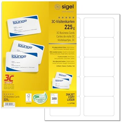 Sigel LP798 visitkort 3C, 100 stycken (10 ark), vitt, slätt snitt rundum, med rundade hörn, 225 g, 85 x 55 mm – ytterligare antal Sigel LP798 visitkort 3C, 100 stycken (10 ark), vitt, slätt snitt rundum, med rundade hörn, 225 g, 85 x 55 mm – ytterligare antal