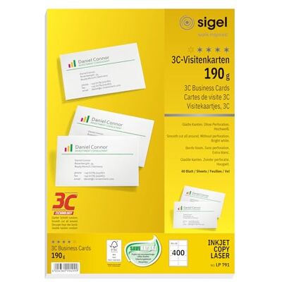Sigel LP791 visitkort 3C, 400 stycken (40 ark), vitt, slätt snitt rundum, 190 g, 85 x 55 mm – ytterligare antal Sigel LP791 visitkort 3C, 400 stycken (40 ark), vitt, slätt snitt rundum, 190 g, 85 x 55 mm – ytterligare antal