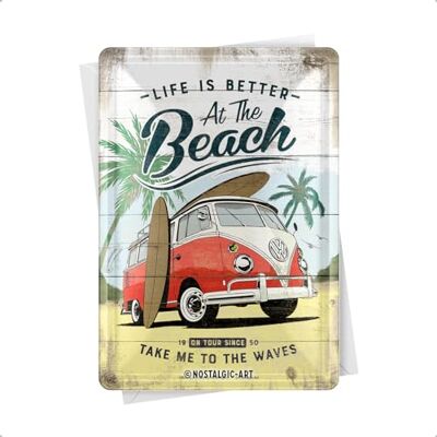 ART Retro Plåtpostkort, 10 x 14 cm, VW Bulli – Beach original Volkswagen license product (OLP), vykort i metall, vintagedesign, Presentidé för VW-Bus-fans ART Retro Plåtpostkort, 10 x 14 cm, VW Bulli – Beach original Volkswagen license product (OLP), vykort i metall, vintagedesign, Presentidé för VW-Bus-fans