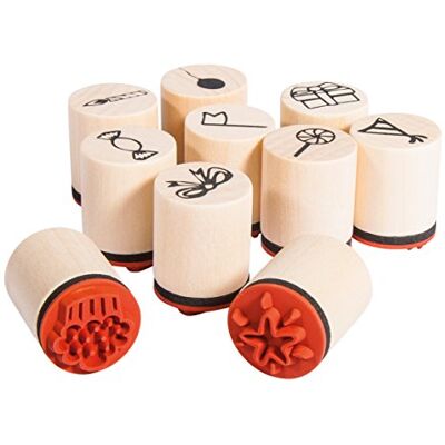 Rayher Hobby 68098000 set, 10 miniträstämplar, firande 2,5 cm, 2 cm ø, motiv för fest, för att designa kort, presentetiketter... motivstämpel Rayher Hobby 68098000 set, 10 miniträstämplar, firande 2,5 cm, 2 cm ø, motiv för fest, för att designa kort, presentetiketter... motivstämpel