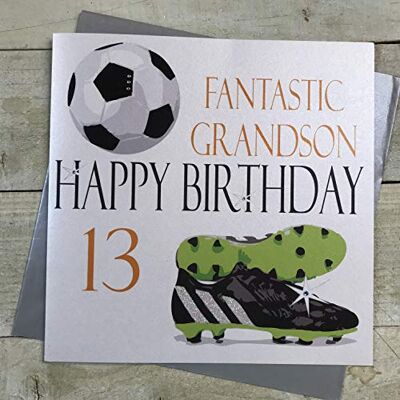 WHITE COTTON CARDS Vita bomullskort fotboll fantastiskt barnbarn glad 13 tum handgjort 13:e födelsedagskort, XN13GS, 22 cm x 22 cm WHITE COTTON CARDS Vita bomullskort fotboll fantastiskt barnbarn glad 13 tum handgjort 13:e födelsedagskort, XN13GS, 22 cm x 22 cm