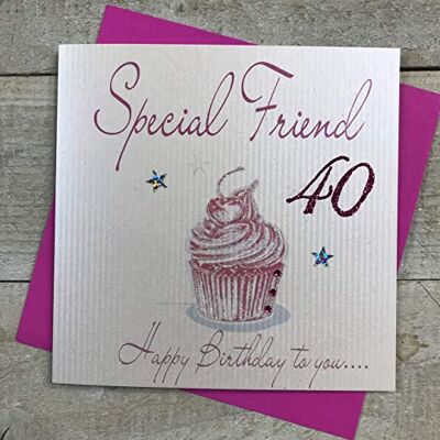 WHITE COTTON CARDS vita bomullskort rosa cupcake, specialvän 40 glad handgjord 40:e födelsedagskort, vit, WB202-40 WHITE COTTON CARDS vita bomullskort rosa cupcake, specialvän 40 glad handgjord 40:e födelsedagskort, vit, WB202-40