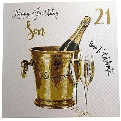 WHITE COTTON CARDS vita bomullskort champagne hink glitterad, son 21 glad handgjord 21-födelsedagskort, vit, WBS21-SON WHITE COTTON CARDS vita bomullskort champagne hink glitterad, son 21 glad handgjord 21-födelsedagskort, vit, WBS21-SON