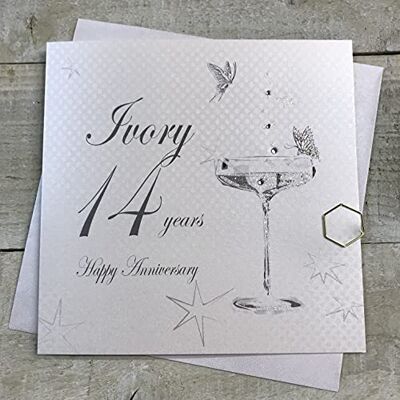 White Cotton Cards Vita bomullskort BD114C kupéglas "Happy Anniversary 'Ivory' 14 Years" handgjort jubileumskort, vit White Cotton Cards Vita bomullskort BD114C kupéglas "Happy Anniversary 'Ivory' 14 Years" handgjort jubileumskort, vit