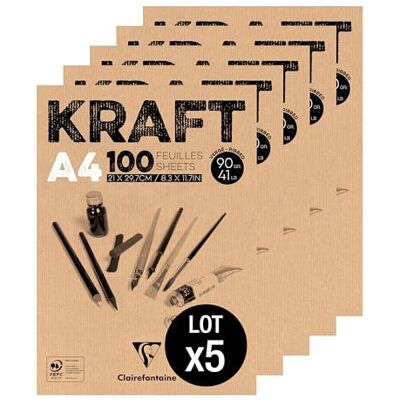 Clairefontaine 96545Cpack Un paquet de 5 Blocs Encollés Papier Kraft 100 Feuilles Papier Kraft Vergé Brun A4 21x29,7 cm 90g Papier Double Face pour le Croquis et le Dessin Clairefontaine 96545Cpack Un paquet de 5 Blocs Encollés Papier Kraft 100 Feuilles Papier Kraft Vergé Brun A4 21x29,7 cm 90g Papier Double Face pour le Croquis et le Dessin