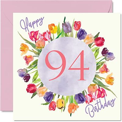Stuff4 Vackra 94-års födelsedagskort för kvinnor akvarell tulpaner blommor bukett grattis på födelsedagskort för hennes mormor födelsedagspresenter, 145 mm x 145 mm härliga blommiga gratulationskort present Stuff4 Vackra 94-års födelsedagskort för kvinnor akvarell tulpaner blommor bukett grattis på födelsedagskort för hennes mormor födelsedagspresenter, 145 mm x 145 mm härliga blommiga gratulationskort present