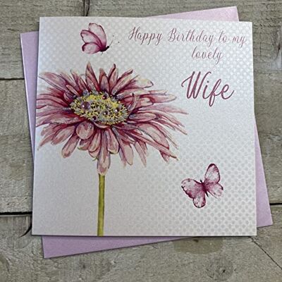 WHITE COTTON CARDS Rosa gerbera till min underbara fru grattis på handgjort födelsedagskort, vit, WS43 WHITE COTTON CARDS Rosa gerbera till min underbara fru grattis på handgjort födelsedagskort, vit, WS43