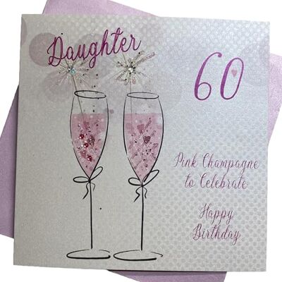 White Cotton Cards vita bomullskort rosa champagne, dotter 60 att fira glad handgjord 60-årskort vit, WBA60P-D White Cotton Cards vita bomullskort rosa champagne, dotter 60 att fira glad handgjord 60-årskort vit, WBA60P-D