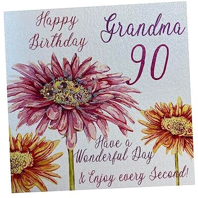 White Cotton Cards vita bomullskort rosa gerbera, Happy 90 Grandma Have a Wonderful Day handgjord 90-årsdag kort, vit, WBA90-GMA White Cotton Cards vita bomullskort rosa gerbera, Happy 90 Grandma Have a Wonderful Day handgjord 90-årsdag kort, vit, WBA90-GMA