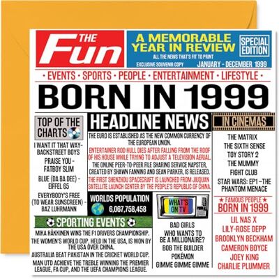 Stuff4 25:e födelsedagskort för män kvinnor – född 1999 tidning – Happy 25 födelsedagskort för son dotter kusin vintage retro tillbaka 1999, 145 mm x 145 mm tjugofem tjugofem födelsedagen gratulationskort Stuff4 25:e födelsedagskort för män kvinnor – född 1999 tidning – Happy 25 födelsedagskort för son dotter kusin vintage retro tillbaka 1999, 145 mm x 145 mm tjugofem tjugofem födelsedagen gratulationskort