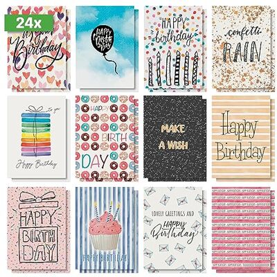 Sigel Ds703 Födelsedagsvykortsset, 24 Delar, "Colourful Birthday Fun", A6, 12 Olika Födelsedagskort, Tillverkade av Hållbart Papper Sigel Ds703 Födelsedagsvykortsset, 24 Delar, "Colourful Birthday Fun", A6, 12 Olika Födelsedagskort, Tillverkade av Hållbart Papper