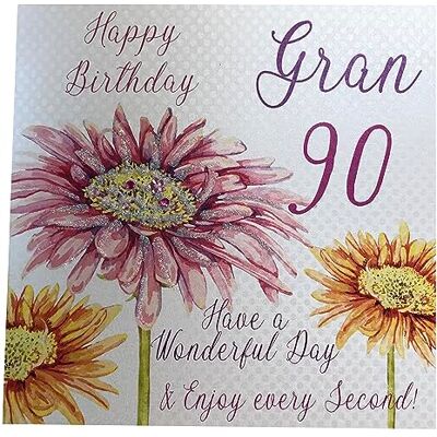 WHITE COTTON CARDS vita bomullskort rosa gerbera, Happy 90 Gran Have a Wonderful Day handgjord 90-årsdag födelsedagskort, vit, WBA90-G WHITE COTTON CARDS vita bomullskort rosa gerbera, Happy 90 Gran Have a Wonderful Day handgjord 90-årsdag födelsedagskort, vit, WBA90-G