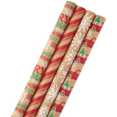 Hallmark 5JXW1038 julpapperspaket med klipplinjer på baksidan, kraft (paket med 4) presentförpackning, fyrpack, röd Hallmark 5JXW1038 julpapperspaket med klipplinjer på baksidan, kraft (paket med 4) presentförpackning, fyrpack, röd