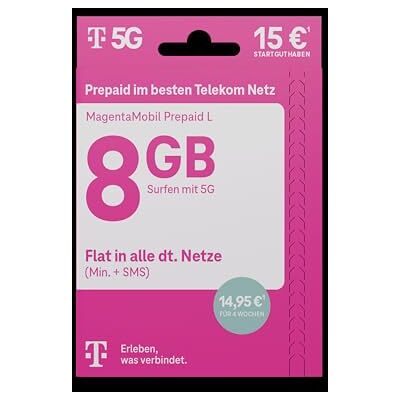 Deutsche Telekom Telekom MagentaMobil Prepaid L I 8 GB datavolym I SIM-kort utan avtal I Allnet Flat (Min, SMS) i alla typer. Netze I EU-Roaming I Surfa med 5G/LTE Max & Hotspot Flat Deutsche Telekom Telekom MagentaMobil Prepaid L I 8 GB datavolym I SIM-kort utan avtal I Allnet Flat (Min, SMS) i alla typer. Netze I EU-Roaming I Surfa med 5G/LTE Max & Hotspot Flat