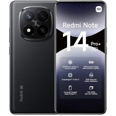 XIAOMI Redmi Note 14 Pro+ 5G Smartphone, 8+256 GB svart, 200 MP pro-grade AI-kamera, IP68, 120 W HyperCharge, AI-funktioner (laddare ingår inte) XIAOMI Redmi Note 14 Pro+ 5G Smartphone, 8+256 GB svart, 200 MP pro-grade AI-kamera, IP68, 120 W HyperCharge, AI-funktioner (laddare ingår inte)
