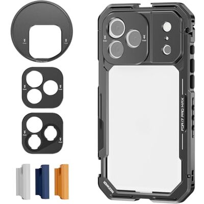 NEEWER Telefonbur kompatibel med iPhone 17 Pro Max, snabbfrigörande video rigg stabiliseringstillbehör med 67 mm filterring, 17 mm lins bakplatta, T-monteringsadapter, 4 x kamerakontrolllock, PA144 NEEWER Telefonbur kompatibel med iPhone 17 Pro Max, snabbfrigörande video rigg stabiliseringstillbehör med 67 mm filterring, 17 mm lins bakplatta, T-monteringsadapter, 4 x kamerakontrolllock, PA144