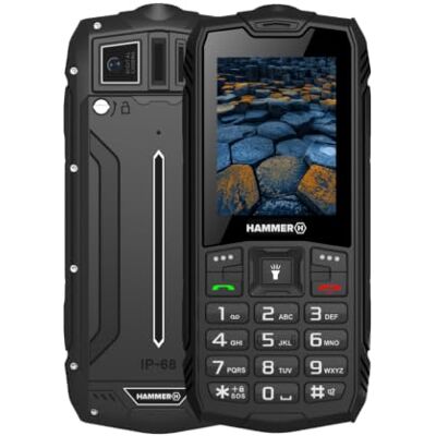 Hammer H Basalt utomhus mobiltelefon utan kontrakt, 2,4 tums färgskärm, robust, mega batteri 1 800 mAh, vattentät (IP68), stötsäker, byggarbetsplatsknappar, ficklampa, dubbel SIM, knapptelefon – svart Hammer H Basalt utomhus mobiltelefon utan kontrakt, 2,4 tums färgskärm, robust, mega batteri 1 800 mAh, vattentät (IP68), stötsäker, byggarbetsplatsknappar, ficklampa, dubbel SIM, knapptelefon – svart
