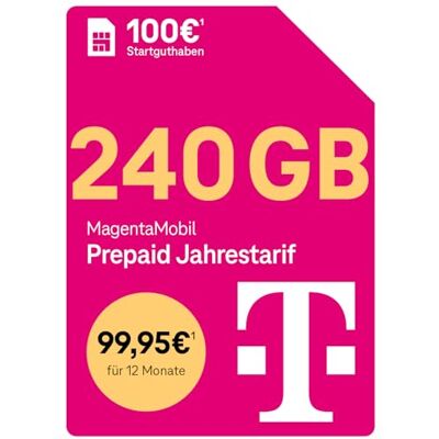 Deutsche Telekom Telekom MagentaMobil förbetalt årstartif 156 GB (13 GB/månad) 5G/LTE Max & Allnet Flat i alla dt. Nätverk Fortsätt använda oanvända datavolym EU Roaming & Hotspot Flat 100 EUR startkredit Deutsche Telekom Telekom MagentaMobil förbetalt årstartif 156 GB (13 GB/månad) 5G/LTE Max & Allnet Flat i alla dt. Nätverk Fortsätt använda oanvända datavolym EU Roaming & Hotspot Flat 100 EUR startkredit