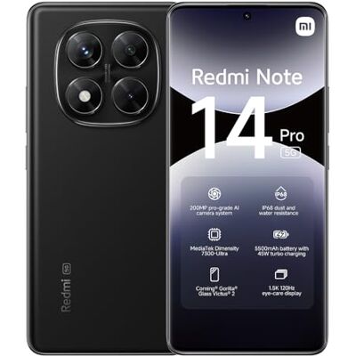 XIAOMI Redmi Note 14 Pro 5G Smartphone, 12 + 512 GB, svart, 200 MP pro-grade AI-kamera, IP68, 45 W turbo-laddning med 5110 mAh batteri, AI-funktioner (laddare ingår inte) XIAOMI Redmi Note 14 Pro 5G Smartphone, 12 + 512 GB, svart, 200 MP pro-grade AI-kamera, IP68, 45 W turbo-laddning med 5110 mAh batteri, AI-funktioner (laddare ingår inte)