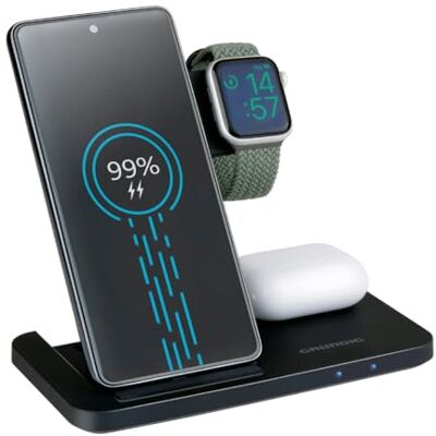 Grundig 3-i-1 laddningsstation Apple Watch och iPhone – trådlös laddare med snabbladdningsfunktion för smartphone, Smartwatch, hörlurar – trådlös laddare – vikbar laddare Grundig 3-i-1 laddningsstation Apple Watch och iPhone – trådlös laddare med snabbladdningsfunktion för smartphone, Smartwatch, hörlurar – trådlös laddare – vikbar laddare
