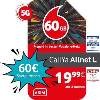 Vodafone Prepaid CallYa Allnet L 60 GB Åtgärd: 60 istället för 20 EUR Startkredit utan kontrakt 5G-nät Telefon SMS-Flat EU-roaming Vodafone Prepaid CallYa Allnet L 60 GB Åtgärd: 60 istället för 20 EUR Startkredit utan kontrakt 5G-nät Telefon SMS-Flat EU-roaming