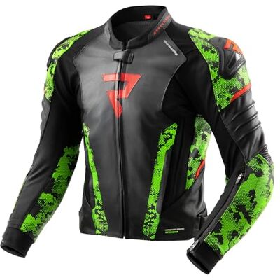 REBELHORN Snabb motorcykeljacka för män Läder Armbågar och axelskydd Nivå 2 Skjutreglage 6 Ventilationskanaler med dragkedja Storlekar upp till 62, Svart/Camo grön/neonröd, 48 REBELHORN Snabb motorcykeljacka för män Läder Armbågar och axelskydd Nivå 2 Skjutreglage 6 Ventilationskanaler med dragkedja Storlekar upp till 62, Svart/Camo grön/neonröd, 48