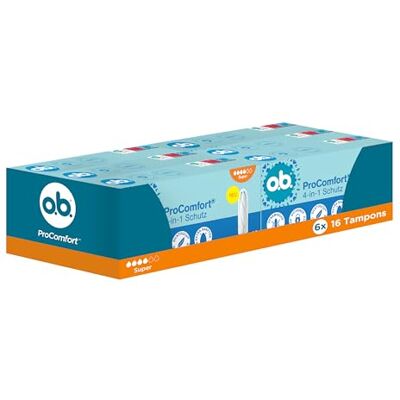 o.b. ob. ProComfort super 4-i-1-skyddstamponger (6 x 16 st.) med extra mjuk spets för enkel insättning och upp till 100% läckageskydd, perfekt för sport och vardag o.b. ob. ProComfort super 4-i-1-skyddstamponger (6 x 16 st.) med extra mjuk spets för enkel insättning och upp till 100% läckageskydd, perfekt för sport och vardag