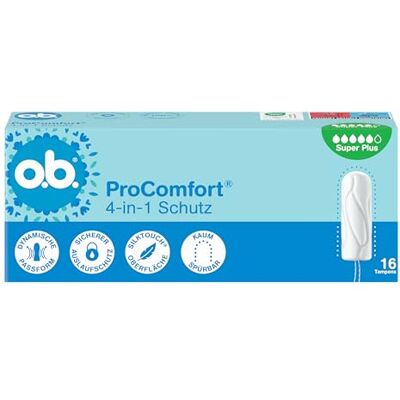 o.b. ob. ProComfort super plus 4-i-1-skyddstamponger (5 x 16 st.) med extra mjuk spets för enkel insättning och upp till 100% läckageskydd, perfekt för sport och vardag o.b. ob. ProComfort super plus 4-i-1-skyddstamponger (5 x 16 st.) med extra mjuk spets för enkel insättning och upp till 100% läckageskydd, perfekt för sport och vardag
