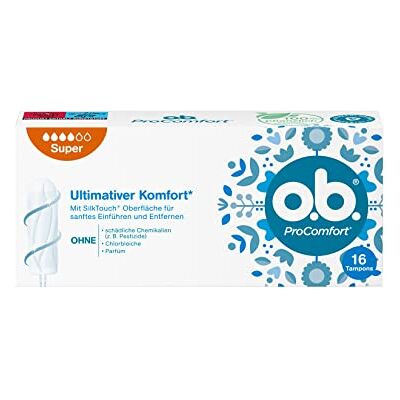 o.b. ProComfort Super, tamponger för starka dagar med Dynamic Fit-teknik och SilkTouch yta, för ultimat komfort* och tillförlitligt skydd (6 x 16 stycken) o.b. ProComfort Super, tamponger för starka dagar med Dynamic Fit-teknik och SilkTouch yta, för ultimat komfort* och tillförlitligt skydd (6 x 16 stycken)