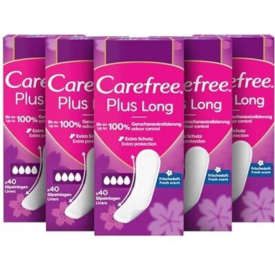 Carefree Trosor plus långa med fräsch doft (5 x 40 stycken), superabsorberande för att omedelbart innehålla vätskor, storlek plus lång Carefree Trosor plus långa med fräsch doft (5 x 40 stycken), superabsorberande för att omedelbart innehålla vätskor, storlek plus lång
