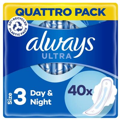 Always Ultra Night Quattro Pack Dambindor, Storlek 3, Paket med 40 Always Ultra Night Quattro Pack Dambindor, Storlek 3, Paket med 40