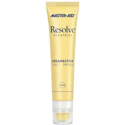 Resolve Master Aid ärr 2-i-1 kräm och pinne, Solar SPF 50+ dubbel storlek grädde och pinne, med hög vattenbeständighet, fuktgivande och lugnande för känslig hud och hypertrofisk ärr Resolve Master Aid ärr 2-i-1 kräm och pinne, Solar SPF 50+ dubbel storlek grädde och pinne, med hög vattenbeständighet, fuktgivande och lugnande för känslig hud och hypertrofisk ärr