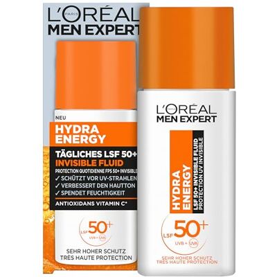 L'Oréal Men Expert L'Oréal Män Expert UV solskydd SPF 50 för män, osynlig vätska för ansiktet mot solstrålar, män solskyddsmedel SPF 50+ mot åldrande med vitamin C, Hydra Energy, 1 x 50 ml L'Oréal Men Expert L'Oréal Män Expert UV solskydd SPF 50 för män, osynlig vätska för ansiktet mot solstrålar, män solskyddsmedel SPF 50+ mot åldrande med vitamin C, Hydra Energy, 1 x 50 ml