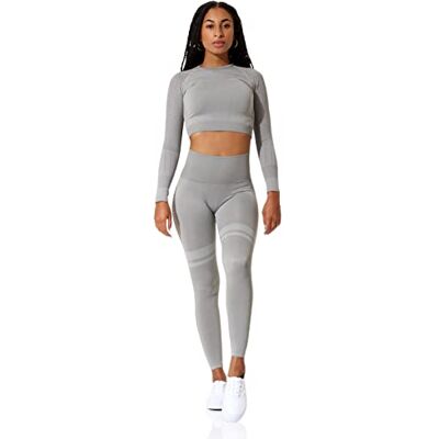 STARK SOUL Dam fitness set-knäpp-topp långärmad och sport leggings hög midja baselayer, Gråmelerad, M STARK SOUL Dam fitness set-knäpp-topp långärmad och sport leggings hög midja baselayer, Gråmelerad, M