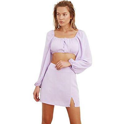 Trendyol Kvinnors knappviskos botto top kjol set, lila, 40 Trendyol Kvinnors knappviskos botto top kjol set, lila, 40
