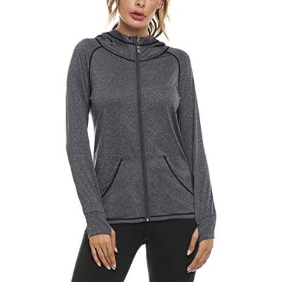 Sykooria Damsweatjacka, full dragkedja, löparjacka, huvtröja, lätt, ventilerande, långärmad sportjacka med tumhål och sidoficka, fitness, Mörkgrå, XL Sykooria Damsweatjacka, full dragkedja, löparjacka, huvtröja, lätt, ventilerande, långärmad sportjacka med tumhål och sidoficka, fitness, Mörkgrå, XL