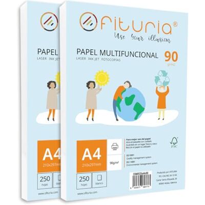 OFITURIA 90 gr A4-foliepaket med 500 vita ark, multifunktionellt papper för skol- och arbetsmiljöer – perfekt för laserskrivare, bläckstråleskrivare eller kopiatorer OFITURIA 90 gr A4-foliepaket med 500 vita ark, multifunktionellt papper för skol- och arbetsmiljöer – perfekt för laserskrivare, bläckstråleskrivare eller kopiatorer