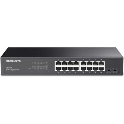 MERCUSYS TP-Link MS116GS Gigabit-switch med 16 portar, stationär eller rackmontering, Plug & Play, Trafikprioritet, Loop-förebyggande, isoleringsläge, tyst drift, metallhölje MERCUSYS TP-Link MS116GS Gigabit-switch med 16 portar, stationär eller rackmontering, Plug & Play, Trafikprioritet, Loop-förebyggande, isoleringsläge, tyst drift, metallhölje