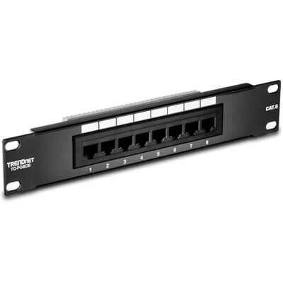 TRENDnet 8-portars Cat6 oskärmad rackmonterad patchpanel, 25 cm bred, 8 x Gigabit RJ-45 Ethernet-portar, TC-P08C6, svart TRENDnet 8-portars Cat6 oskärmad rackmonterad patchpanel, 25 cm bred, 8 x Gigabit RJ-45 Ethernet-portar, TC-P08C6, svart