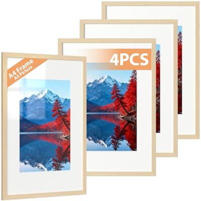 Alyvisun 4 Pack A4 Ram, A4 Fotoramar Display Bilder 14x20 cm med Passepartout eller 19,7x29,3 cm utan Passepartout, Fotoram Horisontella och Vertikala Format för Väggmontering eller Bord, Träton Alyvisun 4 Pack A4 Ram, A4 Fotoramar Display Bilder 14x20 cm med Passepartout eller 19,7x29,3 cm utan Passepartout, Fotoram Horisontella och Vertikala Format för Väggmontering eller Bord, Träton