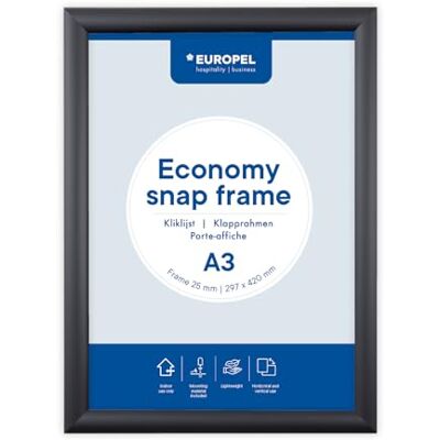 Europel Economy snap-ram, A3, färg svart, aluminiumprofil 25 x 11 mm, för affischer 29,7 x 42 cm, antireflekterande film, display av reklam, menyer, hotell, kontor, restaurang Europel Economy snap-ram, A3, färg svart, aluminiumprofil 25 x 11 mm, för affischer 29,7 x 42 cm, antireflekterande film, display av reklam, menyer, hotell, kontor, restaurang