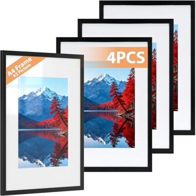Alyvisun 4 Pack A4 Ram, A4 Fotoramar Display Bilder 14x20 cm med Passepartout eller 19,7x29,3 cm utan Passepartout, Fotoram Horisontella och Vertikala Format för Väggmontering eller Bord, Svart Alyvisun 4 Pack A4 Ram, A4 Fotoramar Display Bilder 14x20 cm med Passepartout eller 19,7x29,3 cm utan Passepartout, Fotoram Horisontella och Vertikala Format för Väggmontering eller Bord, Svart