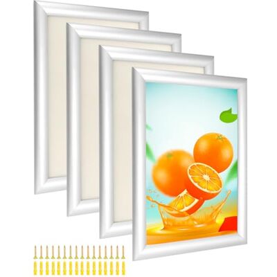 QWORK 4 Pack A4 Aluminum Snap Frame, Front-Loading Wall Mount Picture Frame Poster Holder with Mitred Corners, 1" Profile Anodised Aluminium, for Picture, Document or Certificate, Silver QWORK 4 Pack A4 Aluminum Snap Frame, Front-Loading Wall Mount Picture Frame Poster Holder with Mitred Corners, 1" Profile Anodised Aluminium, for Picture, Document or Certificate, Silver