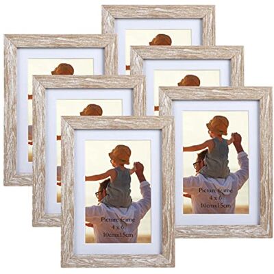 EXYGLO Set med 6 rustik bildram 10 x 15 cm med naturligt träkorn för 15 x 10 foton med passepouts eller 13 x 18 utan montering, vägg- eller bordsstativ EXYGLO Set med 6 rustik bildram 10 x 15 cm med naturligt träkorn för 15 x 10 foton med passepouts eller 13 x 18 utan montering, vägg- eller bordsstativ