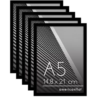 Americanflat A5 fotoramar i Svart – Tunn kant med plexiglas, upphängningsbeslag och integrerat staffli för horisontell eller vertikal visning – Set om 5 Americanflat A5 fotoramar i Svart – Tunn kant med plexiglas, upphängningsbeslag och integrerat staffli för horisontell eller vertikal visning – Set om 5