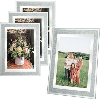 ASelected 6 x 4 fotoramar i glas för bröllopsfoton, familjefoton och heminredning, fristående och väggmonterbara, 4 st porträtt- eller landskapsdisplay, silver ASelected 6 x 4 fotoramar i glas för bröllopsfoton, familjefoton och heminredning, fristående och väggmonterbara, 4 st porträtt- eller landskapsdisplay, silver