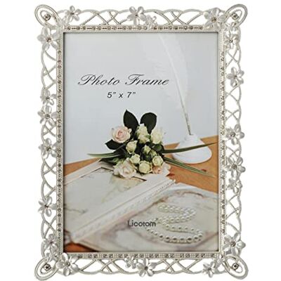Licotom Metal Picture Frame Silver Plated with Pearly White Flowers and Crystals, 5 x 7 Inch Photo Frame Licotom Metal Picture Frame Silver Plated with Pearly White Flowers and Crystals, 5 x 7 Inch Photo Frame